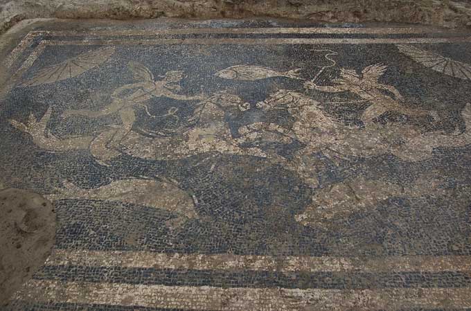 Detail of a black and white mosaic discovered in 2021