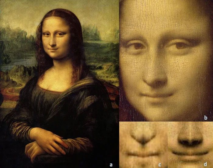 Mona Lisa's smile on the left (image c) and the smile on the right (image d) create contrasting feelings