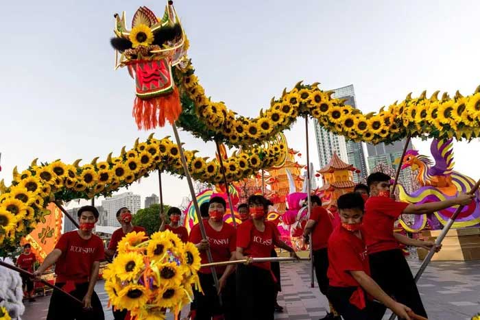 Performers showcasing a dragon dance for Lunar New Year in Bangkok, Thailand, on January 31, 2022.
