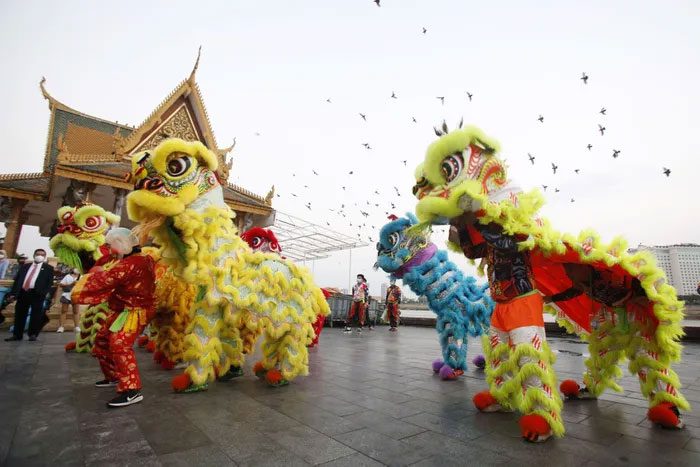 Lion dance performers welcoming Lunar New Year in Phnom Penh, Cambodia, on January 31, 2022.