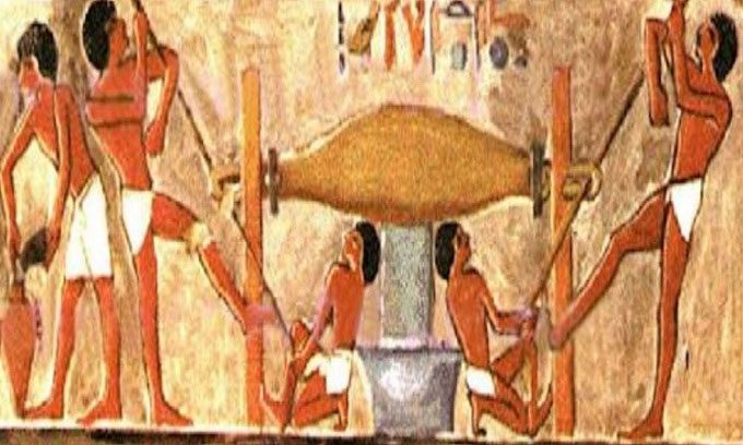 Hieroglyphic depiction of the olive oil extraction method of ancient Egyptians.
