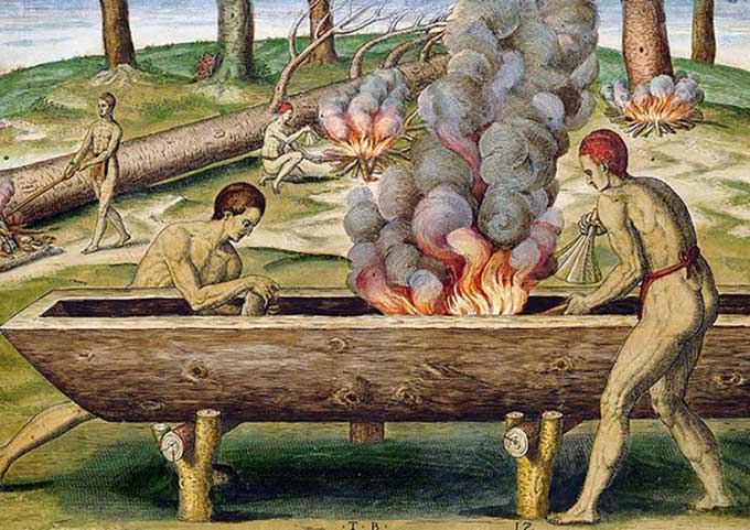 Reconstruction of how the Mapuche made wooden canoes from cedar trunks.