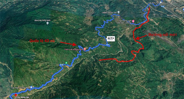 The new road (red line) will shorten the distance from Lào Cai City to Sa Pa town.