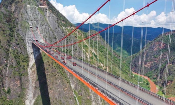 The suspension bridge in southwestern China passed the load test on July 18.
