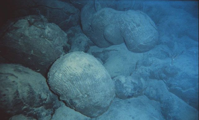 Rock structures indicate they were once lava cooled in water.