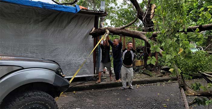 Residents used cars to move fallen branches aside to clear traffic congestion on Tam Bac Street.