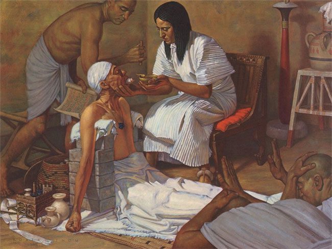 Illustration of an ancient Egyptian physician caring for a patient.