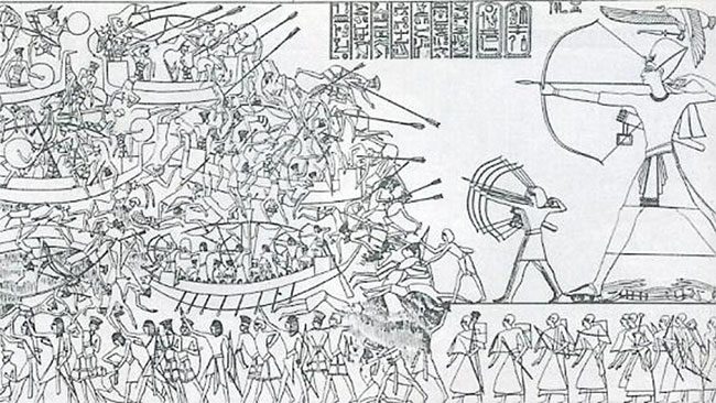Peleset warriors in the Medinet Habu relief.
