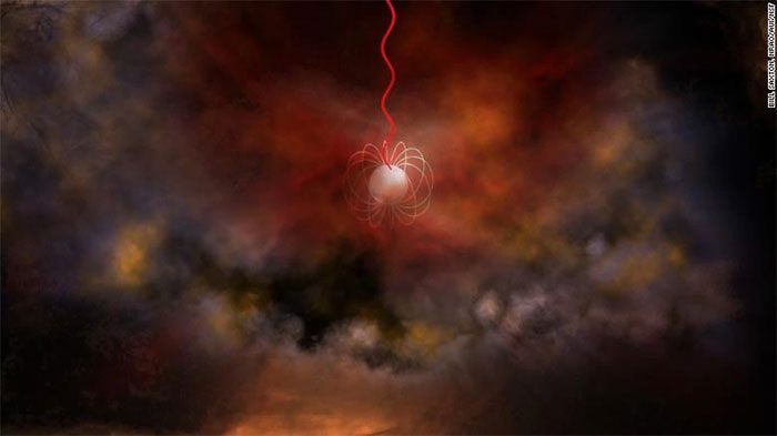 Simulation of a star emitting radio waves (red).