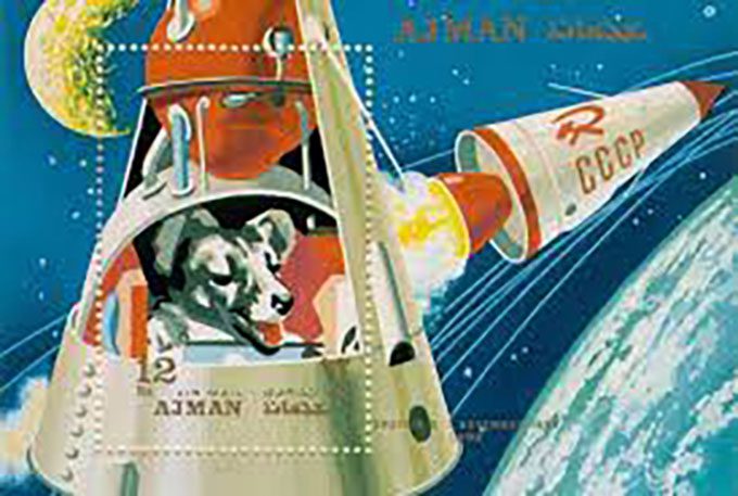 Laika the dog on a stamp from the Emirate of Ajman, now part of the UAE.