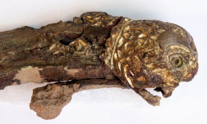 Both ends of the hilt depict the head of an unidentified animal.