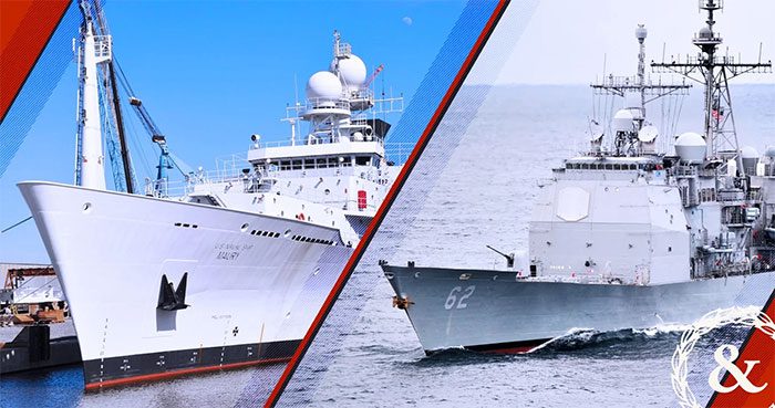 USS Chancellorsville cruiser and USNS Maury survey ship.