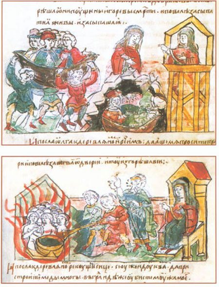Olga took revenge by burying and burning the envoys of her enemies.
