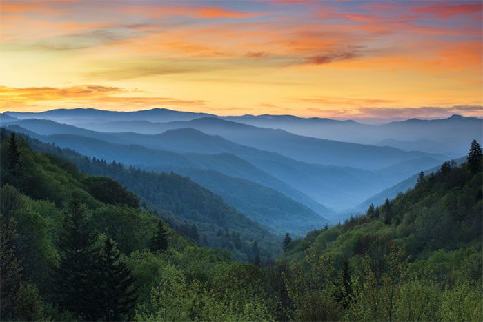Sunrise over Great Smoky Mountains National Park in Gatlinburg, Tennessee,