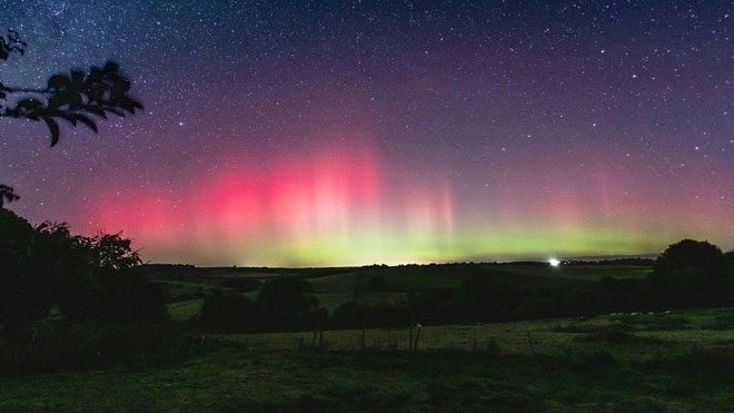 Pink and green light streams captured from Bulmer, North Yorkshire.