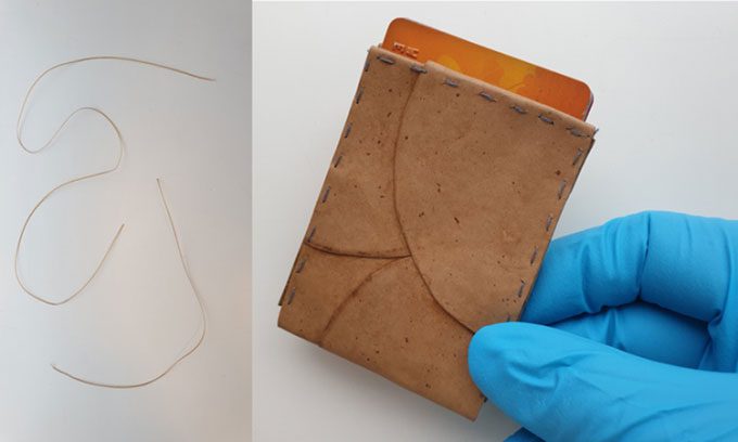 Mushroom fibers can be used as thread (left) or made into faux leather (right)