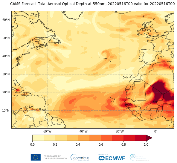 Satellite image showing a large red dust cloud moving towards Europe