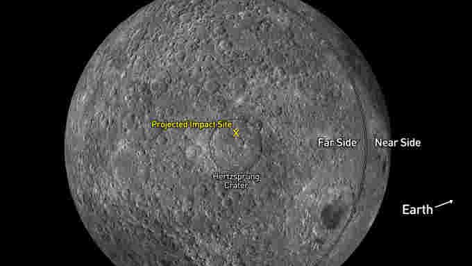Predicted impact location of the rocket stage crashing on the far side of the Moon on March 4, 2022