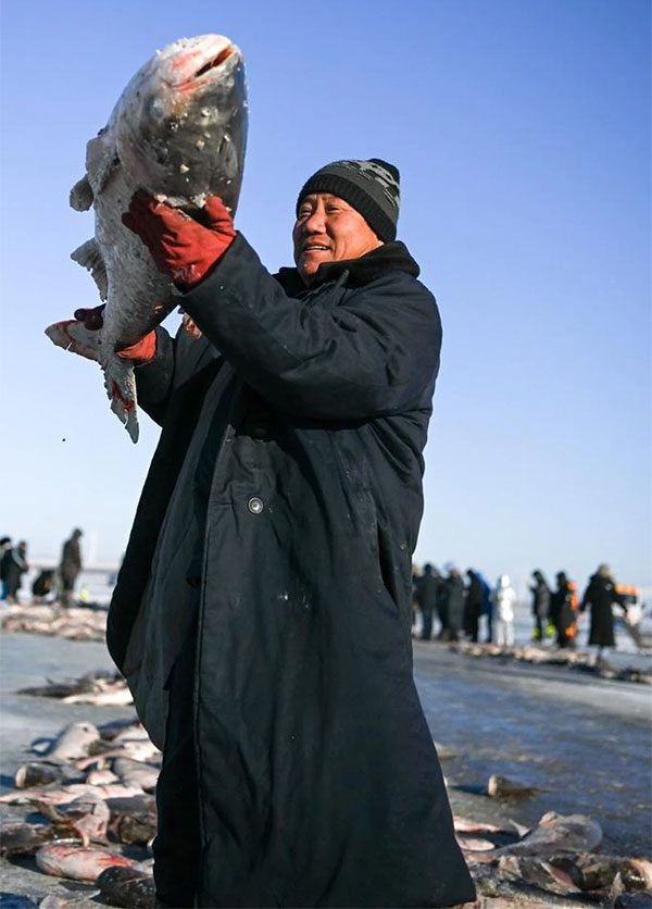 A fisherman catches a large fish on December 26.