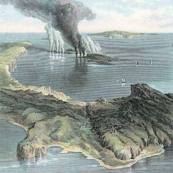 A painting depicting the volcanic island of Thera