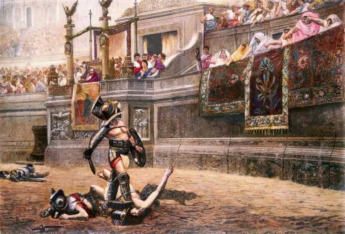Impressive moment of a fallen gladiator raising two fingers to plead for mercy.