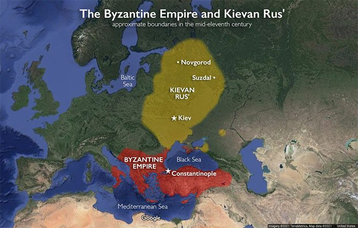 The Byzantine Empire (in red), with its capital in Constantinople, and the Kievan Rus Empire (in blue),