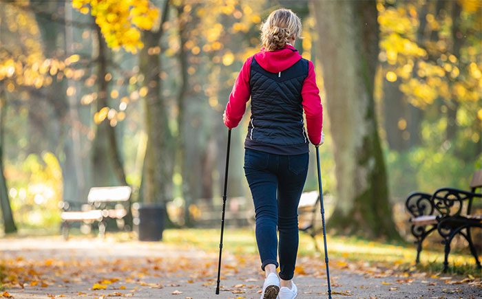 Nordic walking incorporates the use of two poles similar to ski poles.