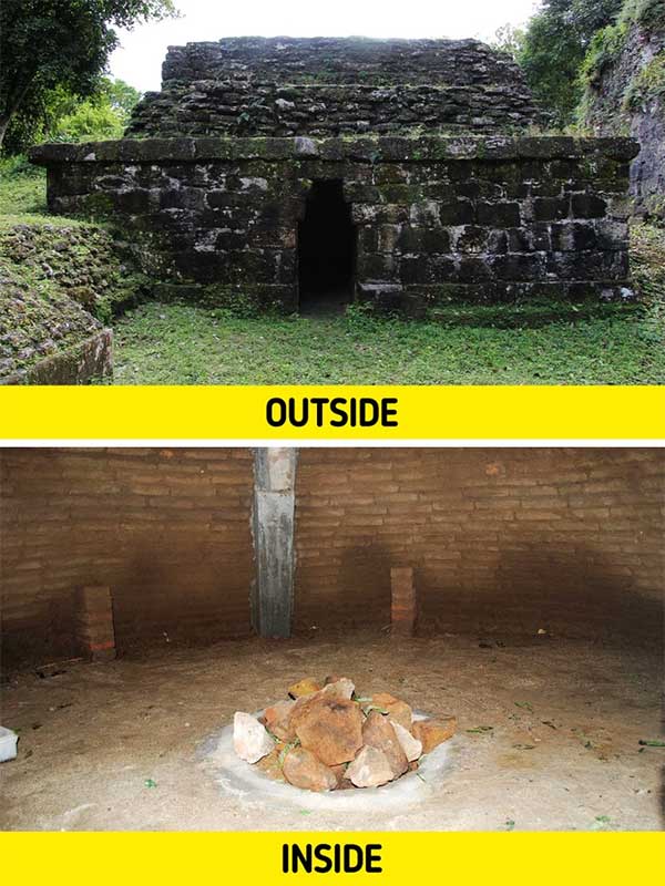 The exterior and interior of an ancient steam room from the Aztec civilization