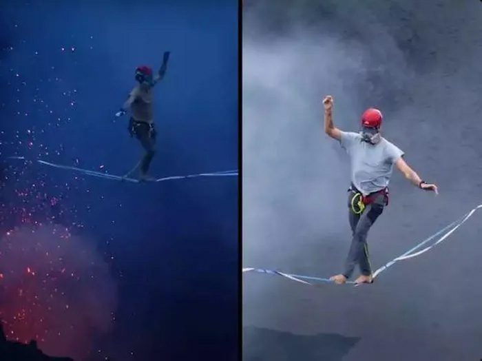 Rafael Bridi and Alexander Schulz walking a slackline across an active volcano.