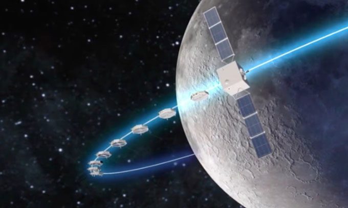 Illustration of a satellite fleet orbiting the Moon.