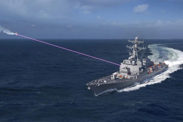 Illustration of a high-power laser beam attacking a target.