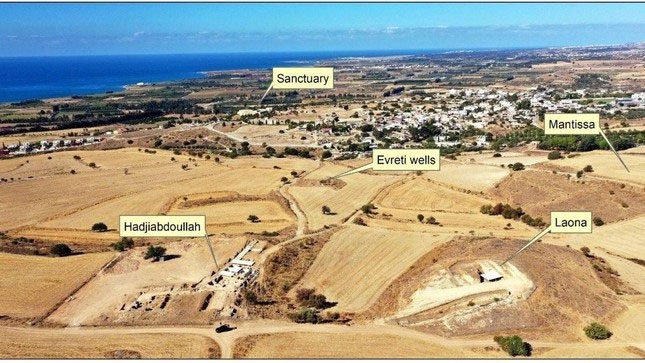 Aerial view of the Laona burial mound and surrounding sites on Cyprus.