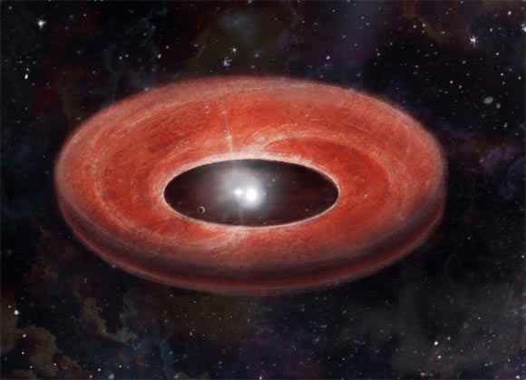 Graphic depiction of a second-generation protoplanetary disk around a binary star system