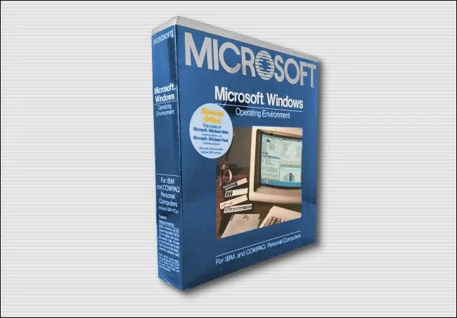 The box containing a disk for the Windows 1.01 operating system, released in 1985.