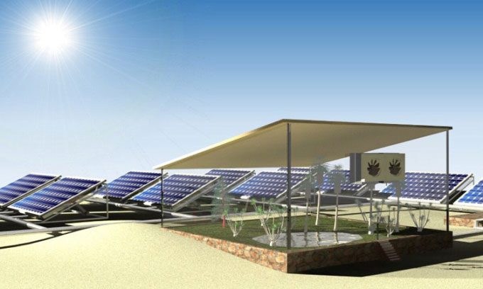 Simulation of a large-scale solar power and water production system in the desert.