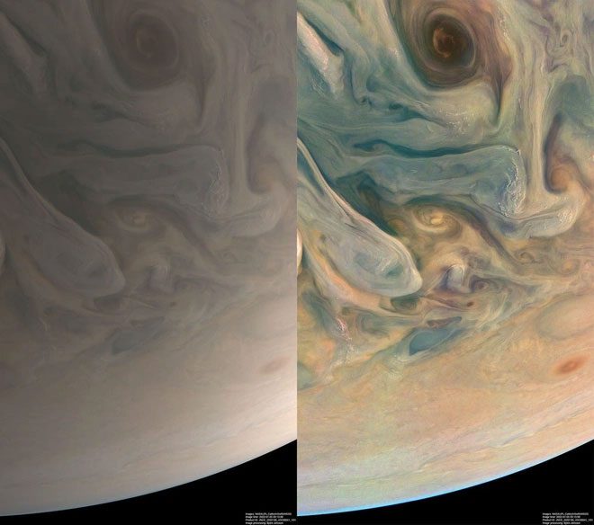 Jupiter image captured by Juno with near-original colors (left) and processed software (right).