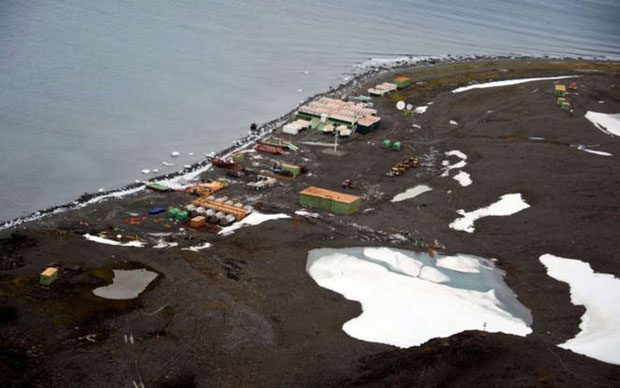 The Comandante Ferraz research station in Antarctica captured from above on March 10, 2014