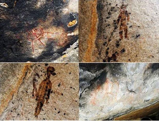 Alien drawings on the cave wall.