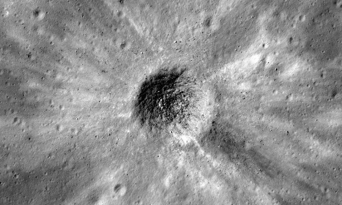A 185-meter wide impact crater captured by NASA's Lunar Reconnaissance Orbiter.