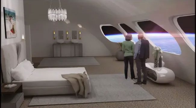 After departing from the home planet, travelers will arrive at the zero-gravity central dock.