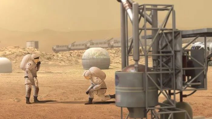 Image of an astronaut extracting resources on Mars.