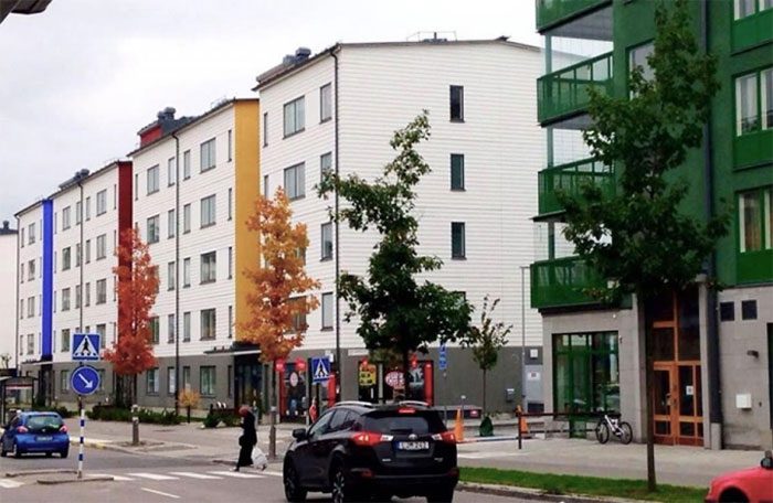 Trees on the street coincidentally match the wall color of the buildings.