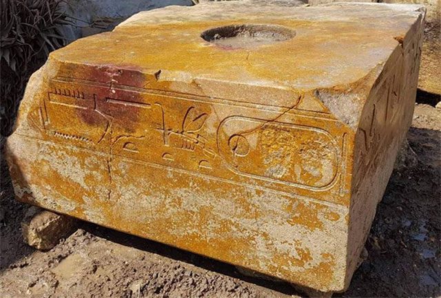 A carved block with patterns excavated in the Ain Shams area, Cairo, Egypt.