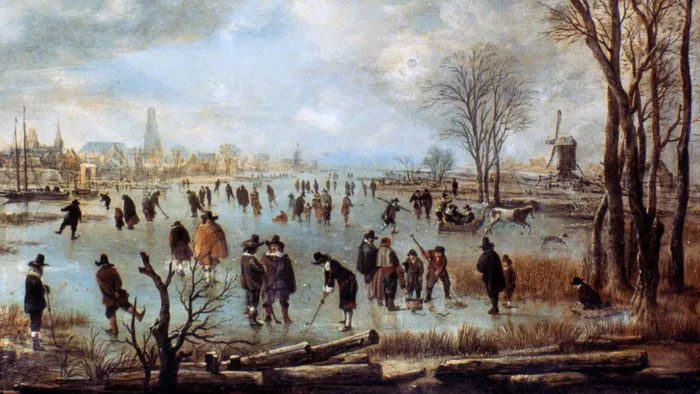 Winter river scene with skaters, horse-drawn sleds, and ice hockey players.