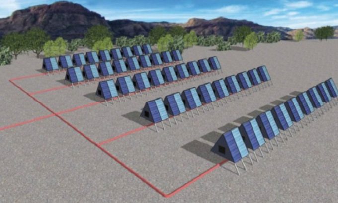 A-frame structures with solar panels provide energy for the CO2 capture machine.