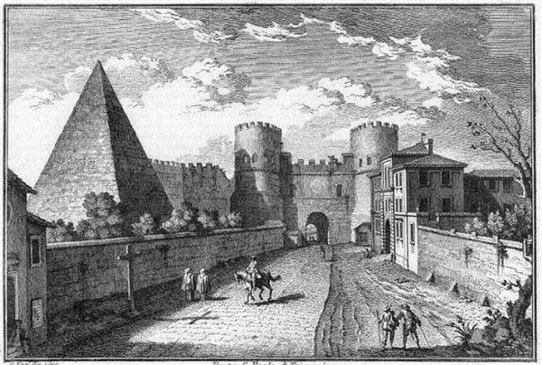 The Pyramid of Cestius integrated with the Aurelian Walls