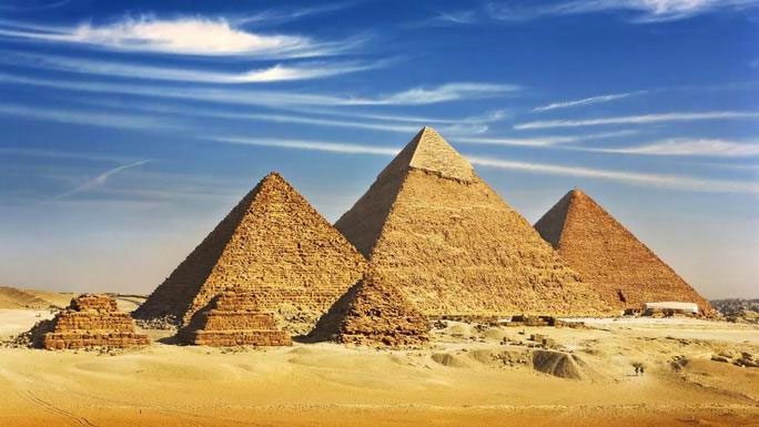 The Pyramids of Menkaure, Khafre, and Khufu from the Giza Plateau