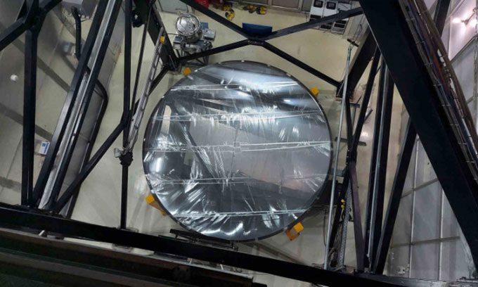 The liquid mercury mirror is covered with a thin mylar film.