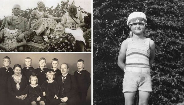 Kirsten (middle of the top photo) and her sister Inger (right side of the bottom photo) posing with family in the 1930s