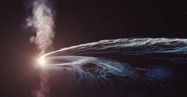Graphic depiction of a black hole ejecting material after a meal